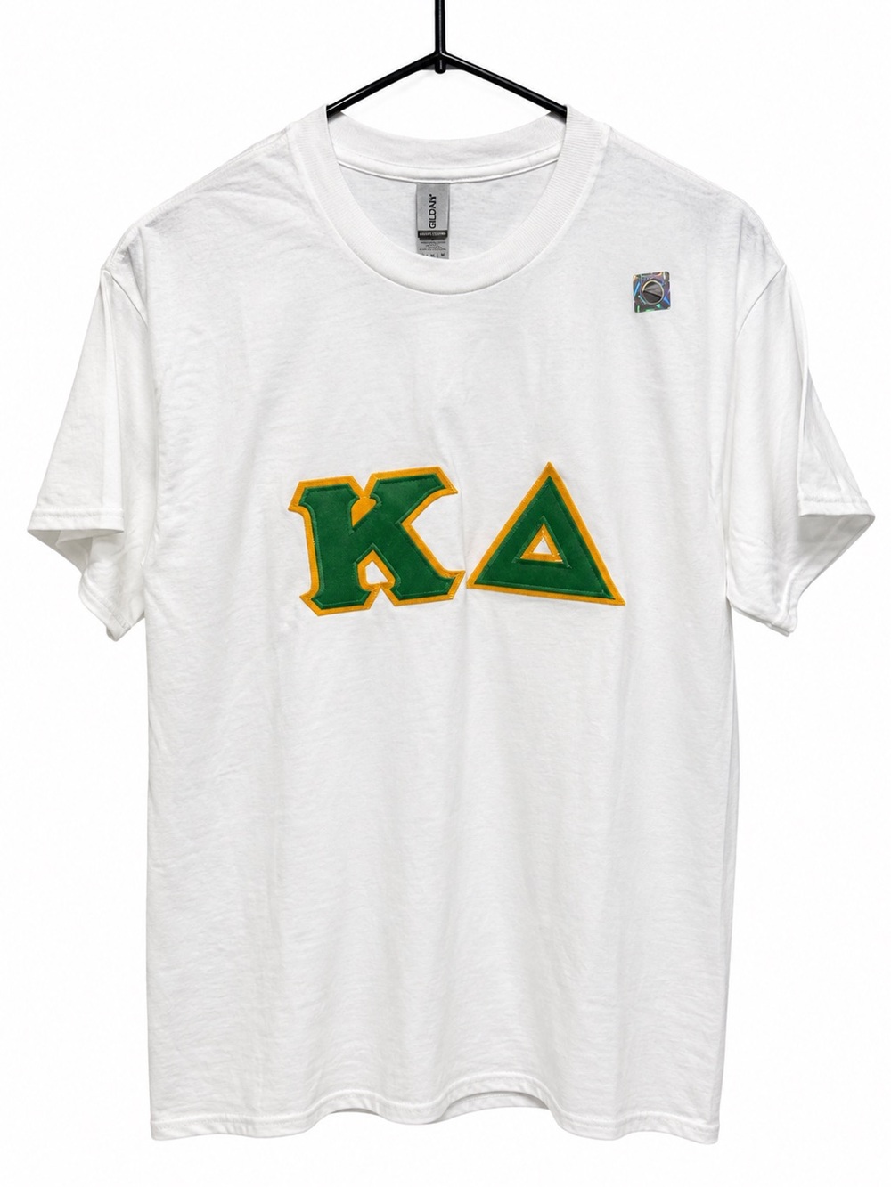 Kappa Delta Sorority Gildan White Short Sleeve Tee with Green & Gold KΔ Letters